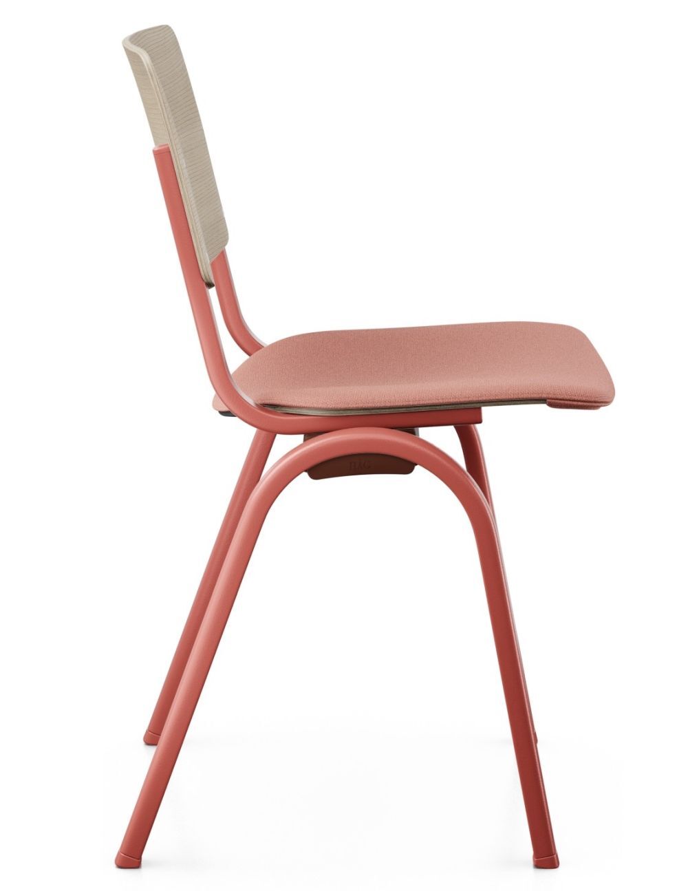 Moderner ergonomischer Stuhl in Rot und Beige, seitlich fotografiert, ideal für dynamisches Sitzen.