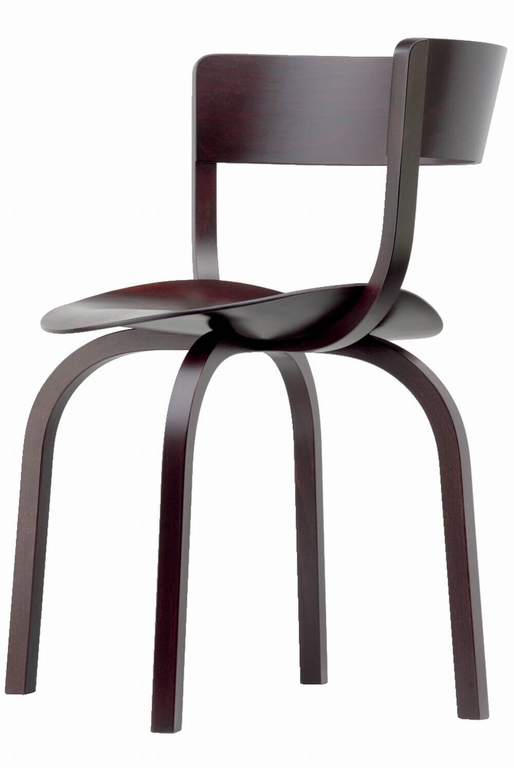 Ein eleganter Holzstuhl mit gebogener Rückenlehne und Beinen, ideal für ergonomisches Sitzen.