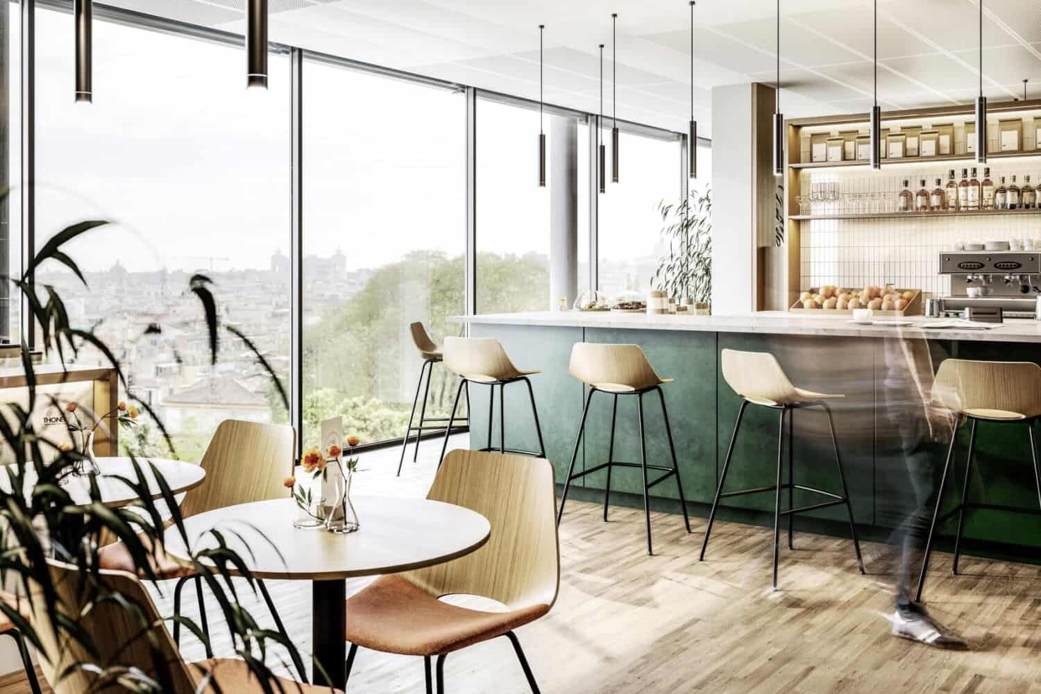 Modernes Café mit hohem Tresen, Stühlen, großen Fenstern und Blick auf die Stadtlandschaft.