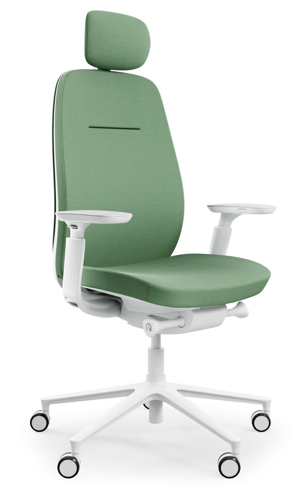 Ergonomischer grüner Bürostuhl mit Kopfstütze, gepolsterten Armlehnen und verstellbarem Sitz auf fünf Rollen.