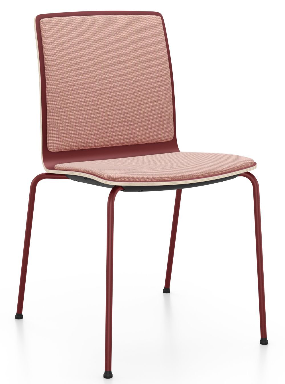 Moderner ergonomischer Stuhl mit rosa Stoffbezug und rot lackiertem Metallgestell, ideal für dynamisches Sitzen.