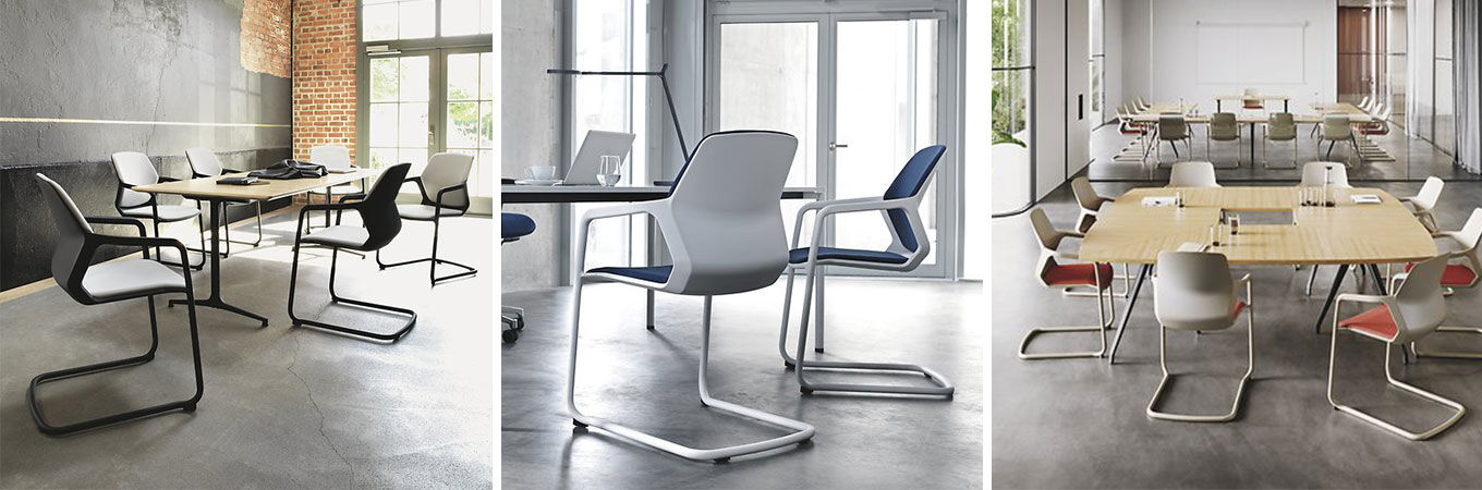 Drei ergonomische Büroräume mit modernen, stilvollen Freischwingern Wilkhahn Metrik auf Betonboden, ideal für gesundes Sitzen.