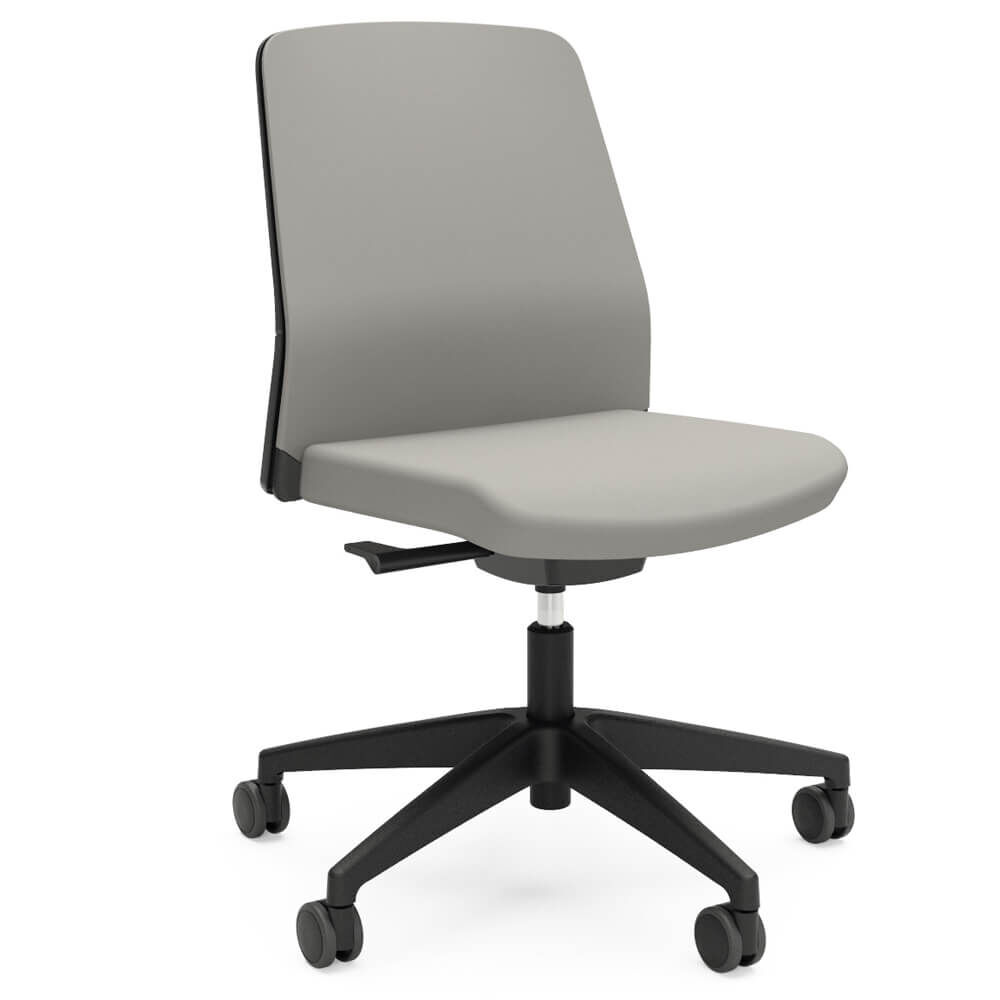 Ergonomischer Bürostuhl in Grau mit Rollen, verstellbarer Sitzhöhe und glatter Rückenlehne für dynamisches Sitzen.
