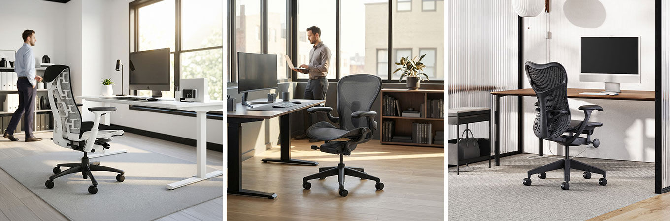 Drei ergonomische Bürostühle in verschiedenen Designs, betont durch moderne und stilvolle Raumumgebungen.