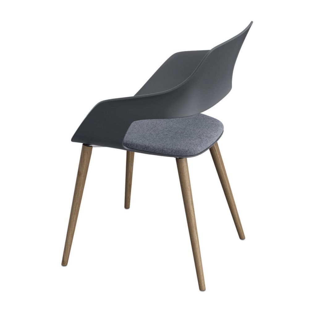 Moderner Stuhl mit grauer Kunststoffschale, grauem Sitzpolster und Holzbeinen für ergonomisches Sitzen.