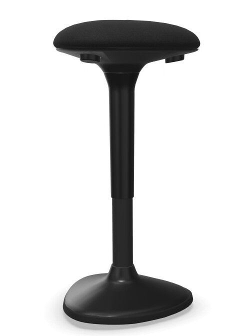 Schwarzer, höhenverstellbarer ergonomischer Hocker mit gebogener Basis für dynamisches Sitzen im Büro.