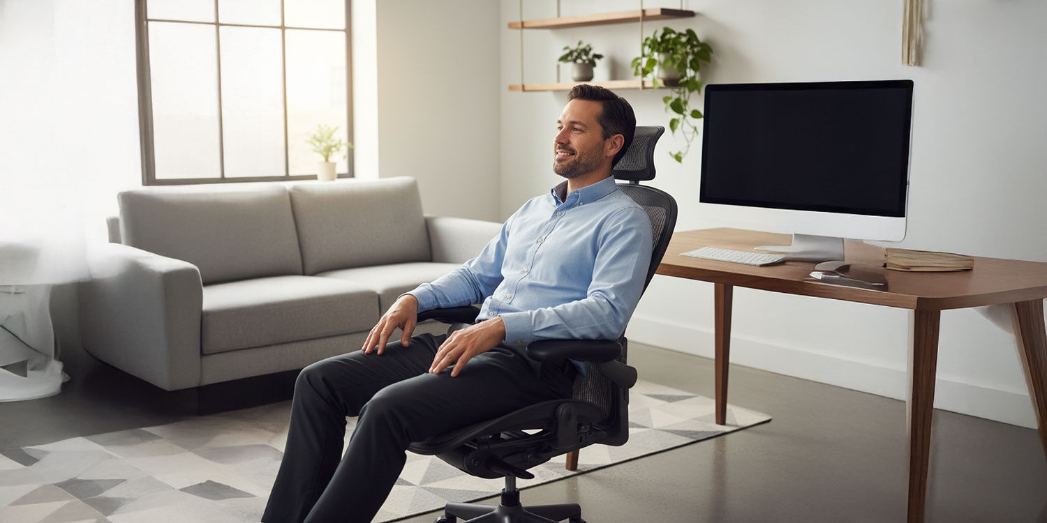 Mann sitzt entspannt und glücklich auf seinem Herman Miller Aeron