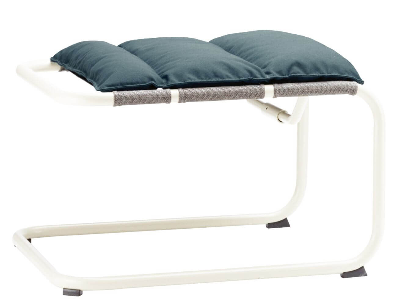 Ergonomischer Hocker mit gepolstertem, grünem Sitzkissen und weißem Metallrahmen, fördert dynamisches Sitzen.