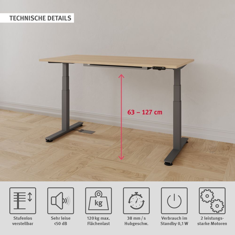 Höhenverstellbarer Schreibtisch mit technischen Details: 63–127 cm, 120 kg Traglast, leise Motoren.