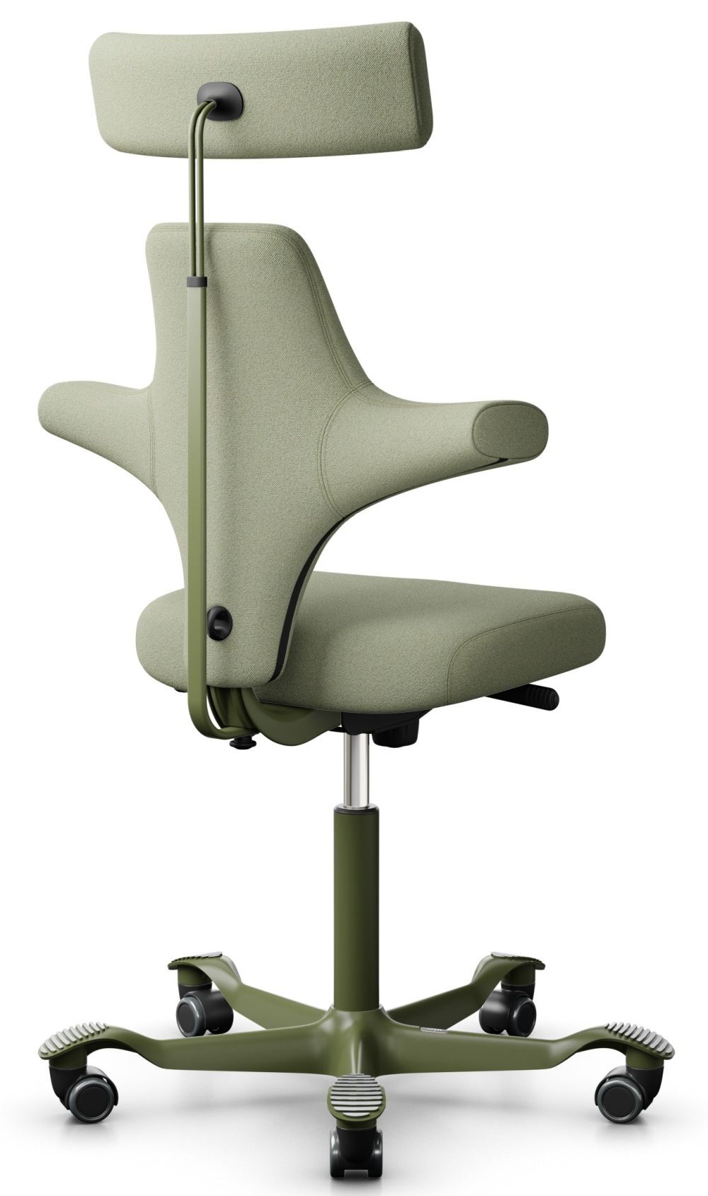 Ergonomischer Bürostuhl mit grüner Polsterung, höhenverstellbarem Nackenstütze und rollbarem Fußgestell.