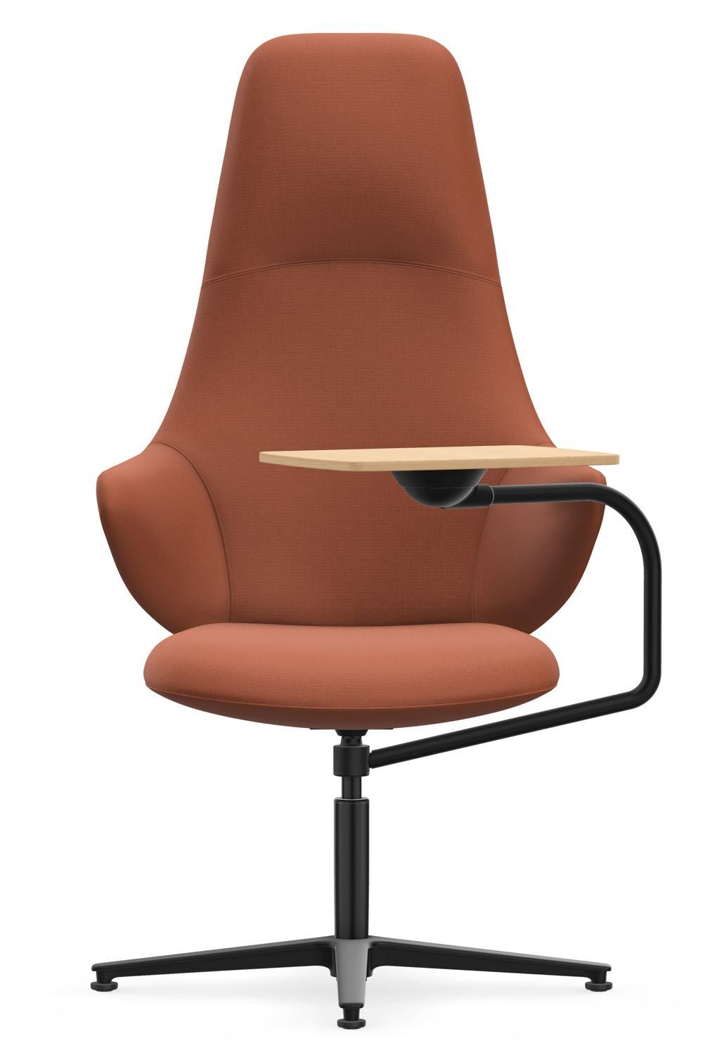 Ergonomischer orangefarbener Bürostuhl mit hoher Rückenlehne und integriertem Tischbrett, ideal für dynamisches Sitzen.