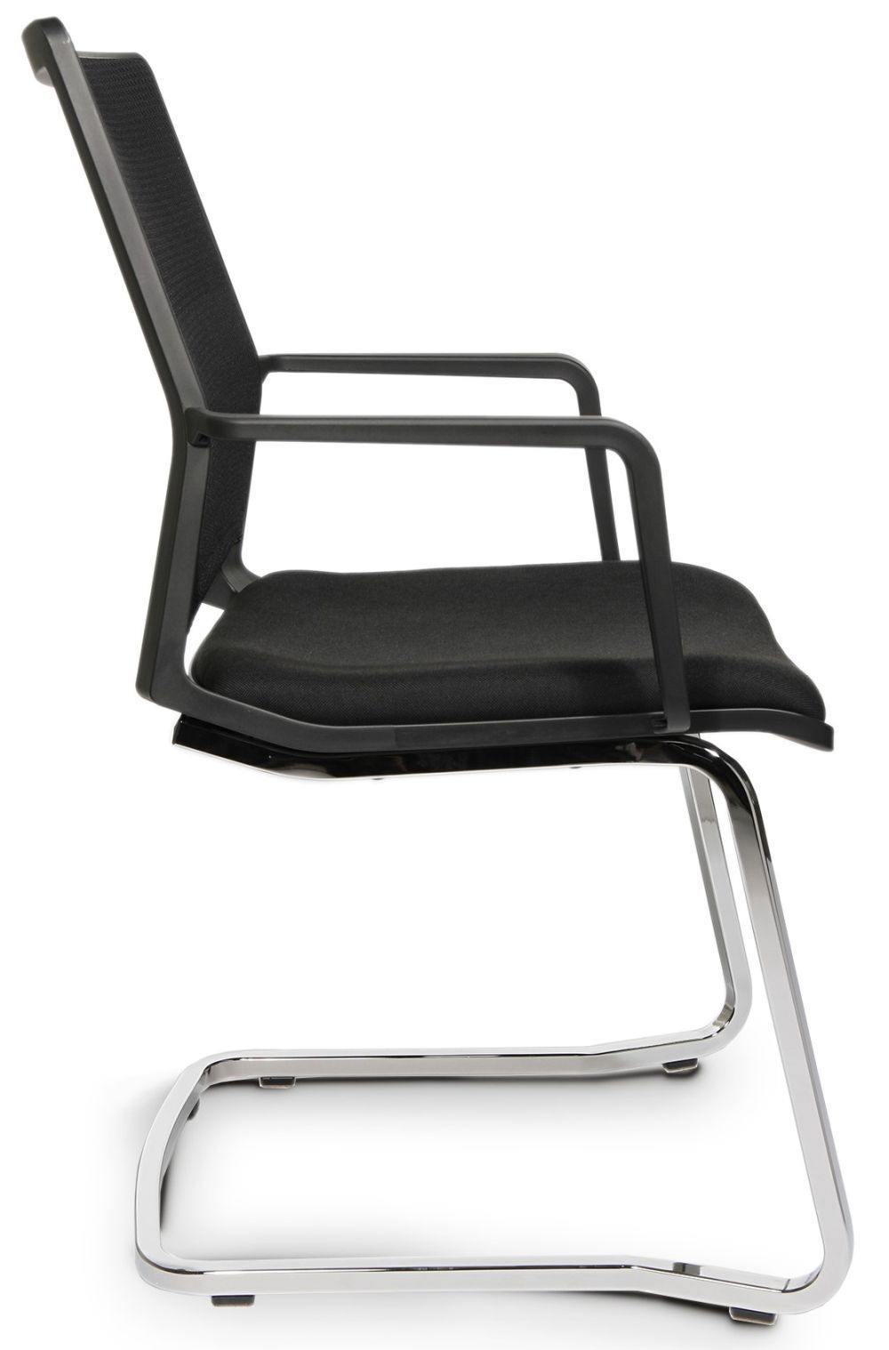 Moderner schwarzer Bürostuhl mit Metallrahmen und Armlehnen, seitliche Ansicht, ergonomisches Design.