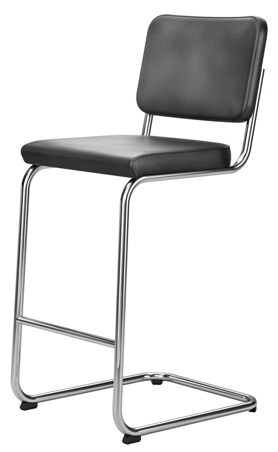Moderner Barhocker mit schwarzem Sitz und Rückenlehne aus Kunstleder auf verchromtem Metallgestell.
