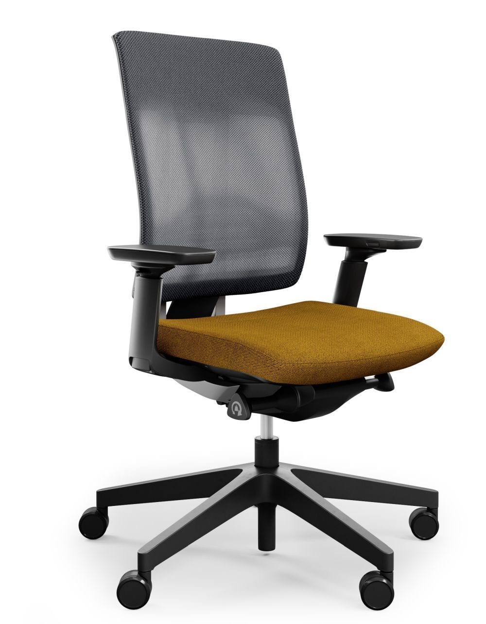 Ergonomischer Bürostuhl mit grauem Netzrücken und senffarbenem Sitzpolster, auf schwarzen Rollen.