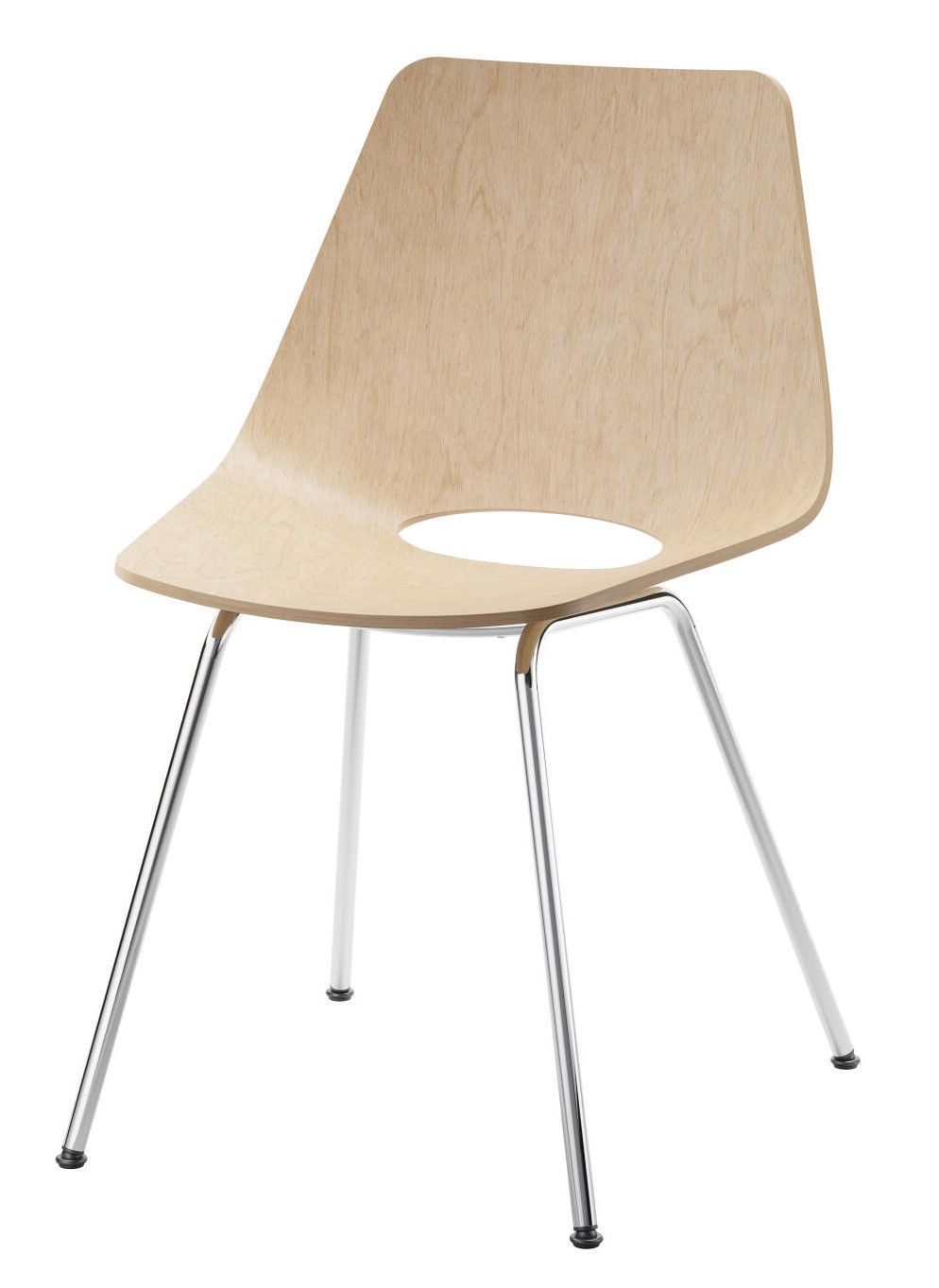 Moderner Stuhl mit Holzsitzfläche und schlanken, verchromten Beinen, ideal für ergonomische Einrichtungen.