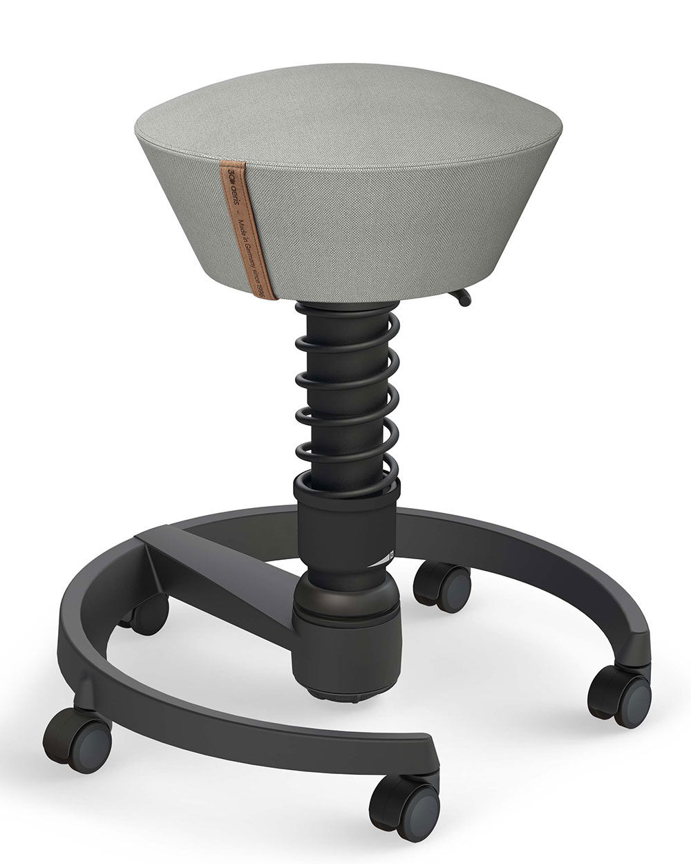 Heller ergonomischer Bürostuhl mit Rollen, kleinem gepolsterten Sitz und hochelastischem Federbein für dynamisches Sitzen.