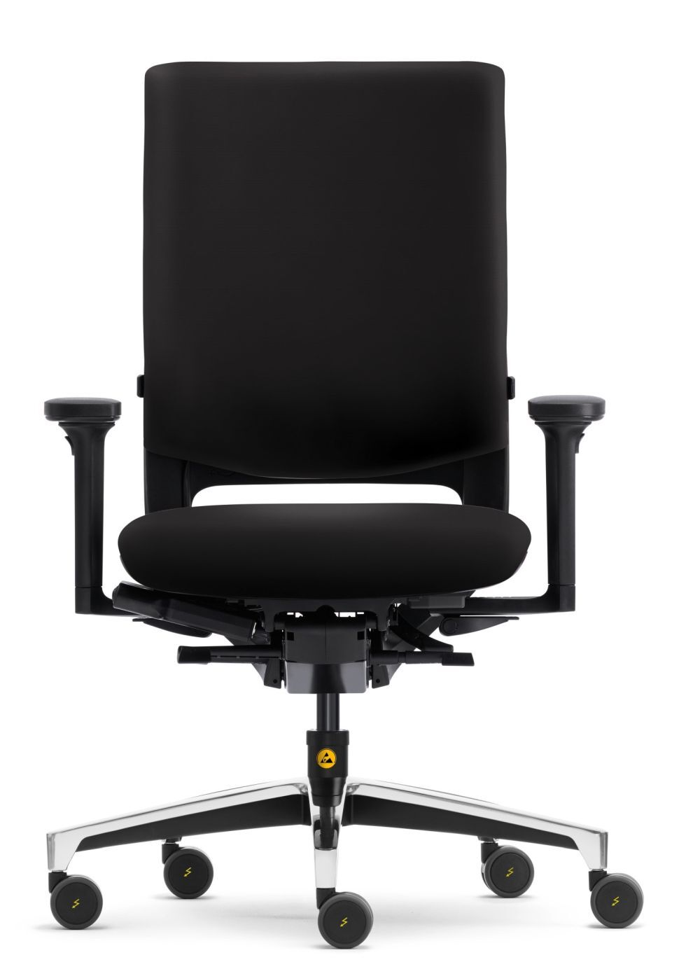 Ergonomischer Bürostuhl mit schwarzem Bezug, verstellbaren Armlehnen und Metallgestell auf Rollen, ideal für dynamisches Sitzen.