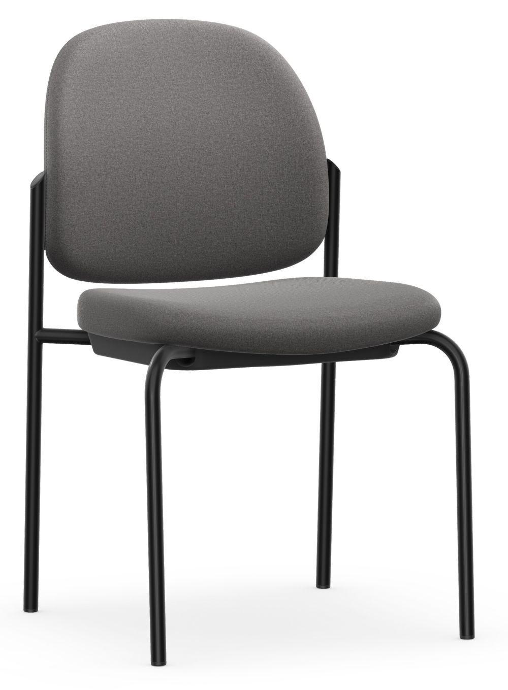 Grauer, ergonomischer Stuhl mit schwarzem Metallrahmen, geeignet für Büro oder Homeoffice.