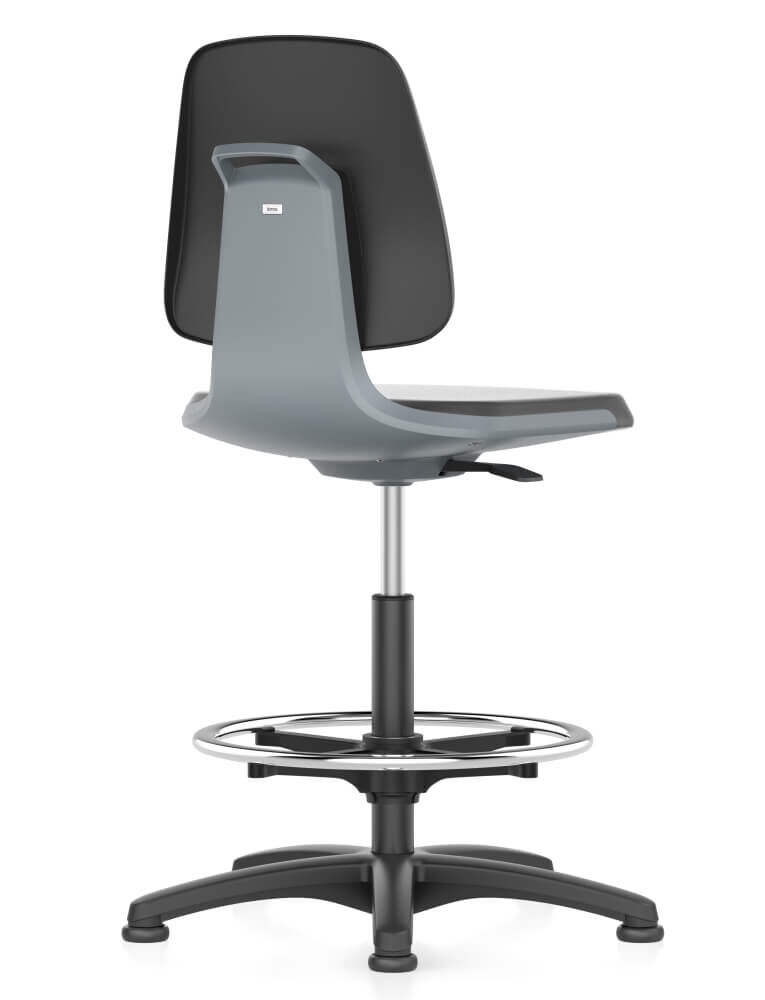 Ergonomischer Bürostuhl mit grauem Rückenteil und Fußstütze, ideal für gesundes, dynamisches Sitzen im Büro.