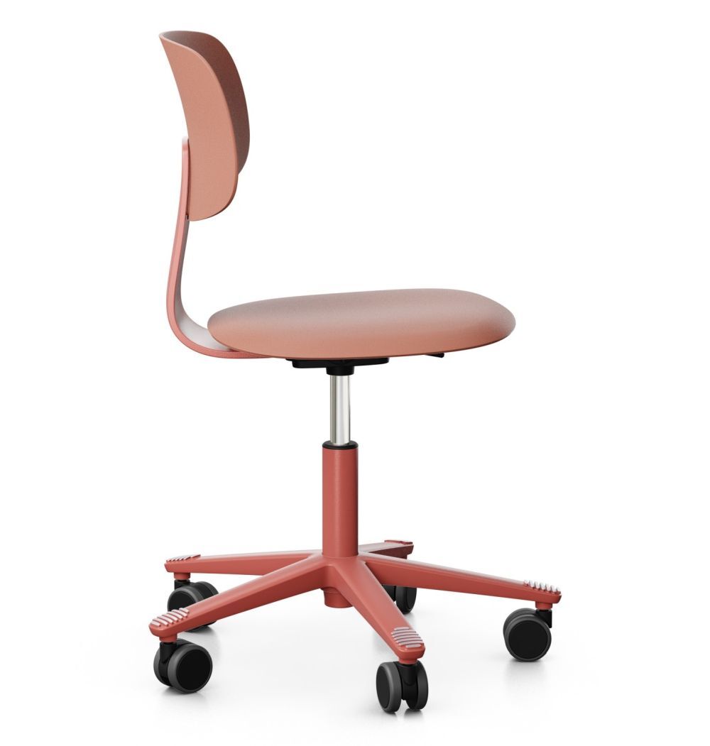 Moderner ergonomischer Bürostuhl in Korallenrot mit Rollen und verstellbarer, geschwungener Rückenlehne.