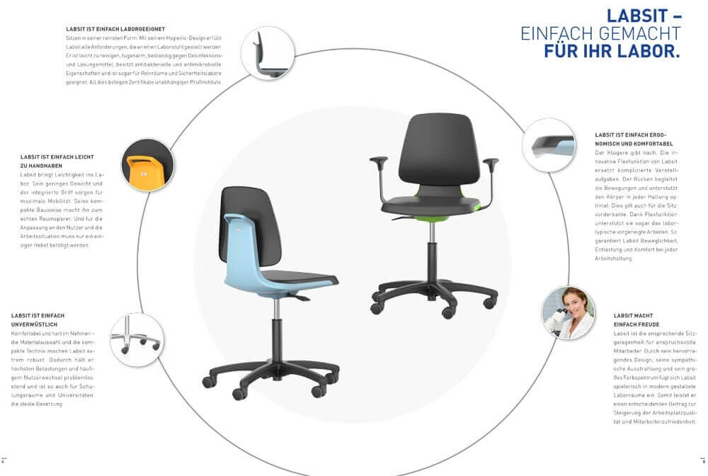 Zwei ergonomische Drehstühle mit textlichen Beschreibungen zu ihren Funktionen und Vorteilen für Laborumgebungen.
