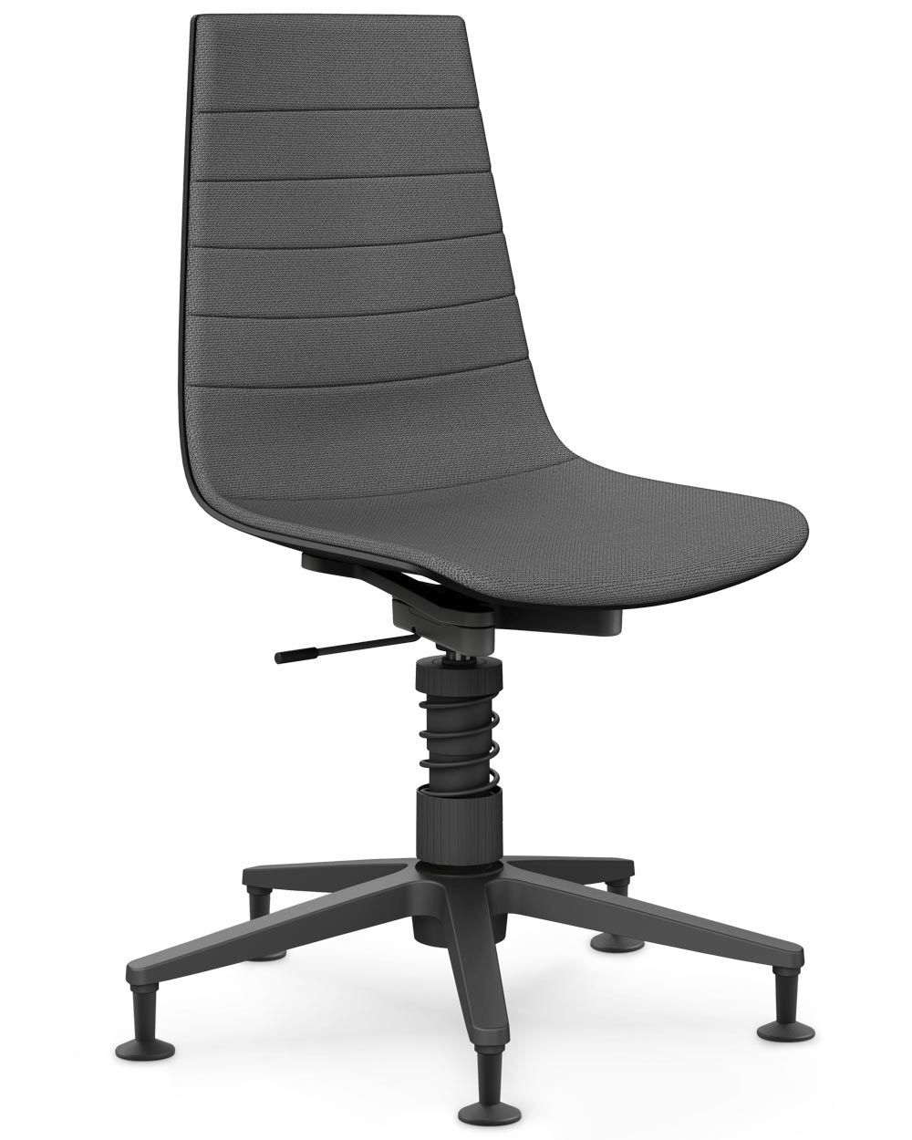 Moderner, grauer Bürostuhl mit ergonomischer Rückenlehne und höhenverstellbarem Fußkreuz für dynamisches Sitzen.