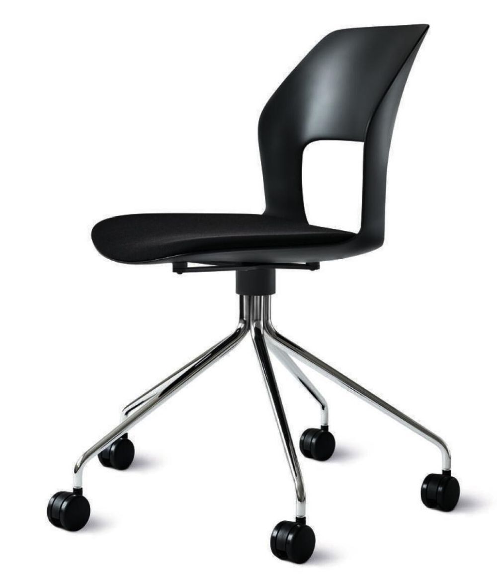 Moderner schwarzer Bürostuhl mit ergonomischem Design und verchromtem Rollfuß für dynamisches Sitzen im Büro.