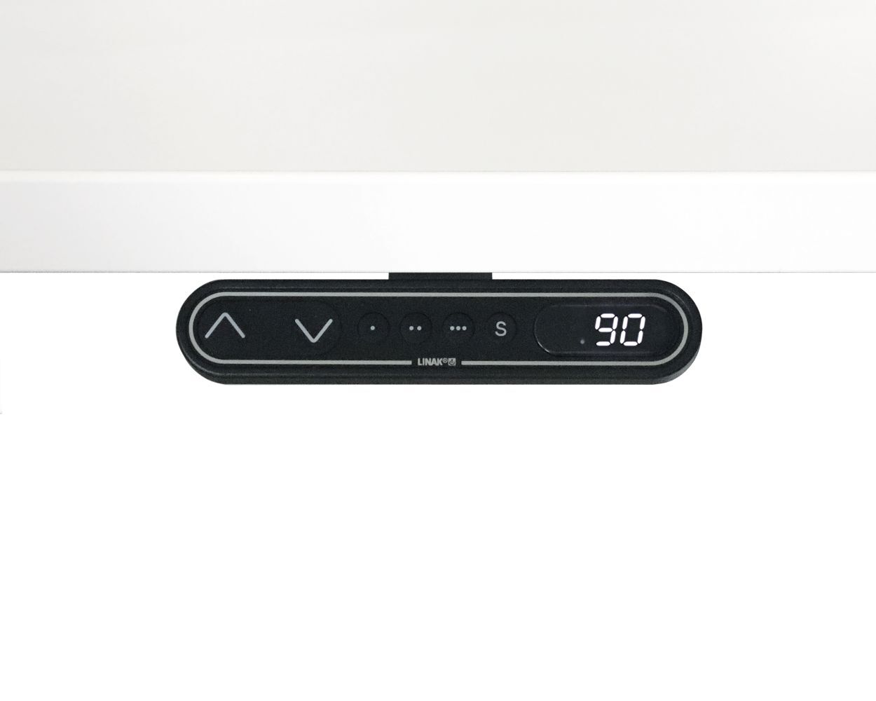 Detailaufnahme eines Steuerpanels für höhenverstellbare Tische mit digitalen Bedienelementen und Anzeige.