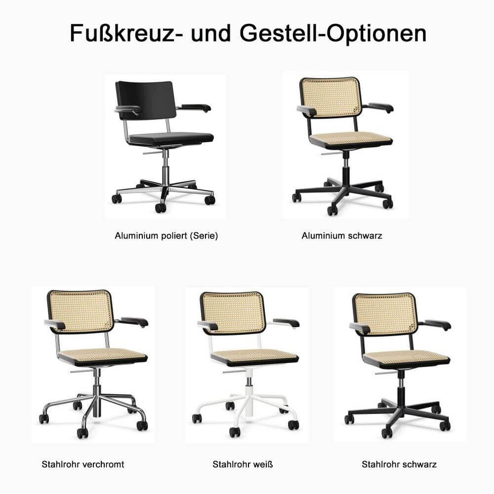 Fünf Bürostühle mit verschiedenen Fußkreuz- und Gestell-Optionen: poliertes Aluminium, schwarzes Aluminium, verchromt, weißes und schwarzes Stahlrohr.