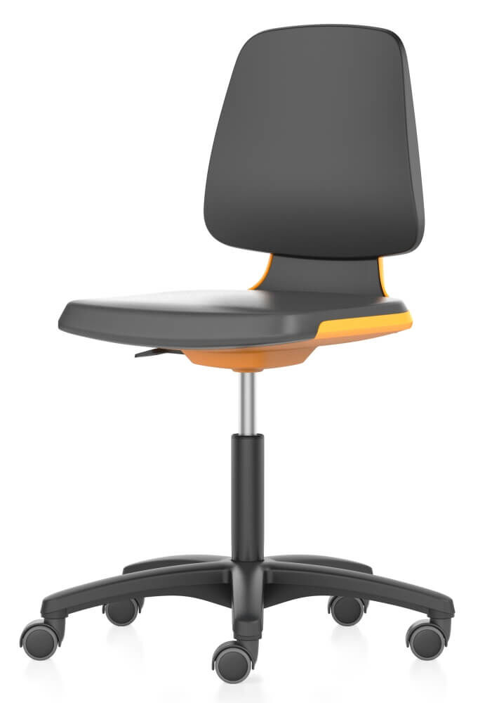 Ergonomischer Bürostuhl mit grauer Sitzfläche, schwarzer Rückenlehne und orangefarbenen Akzenten auf einem Drehfuß mit Rollen.