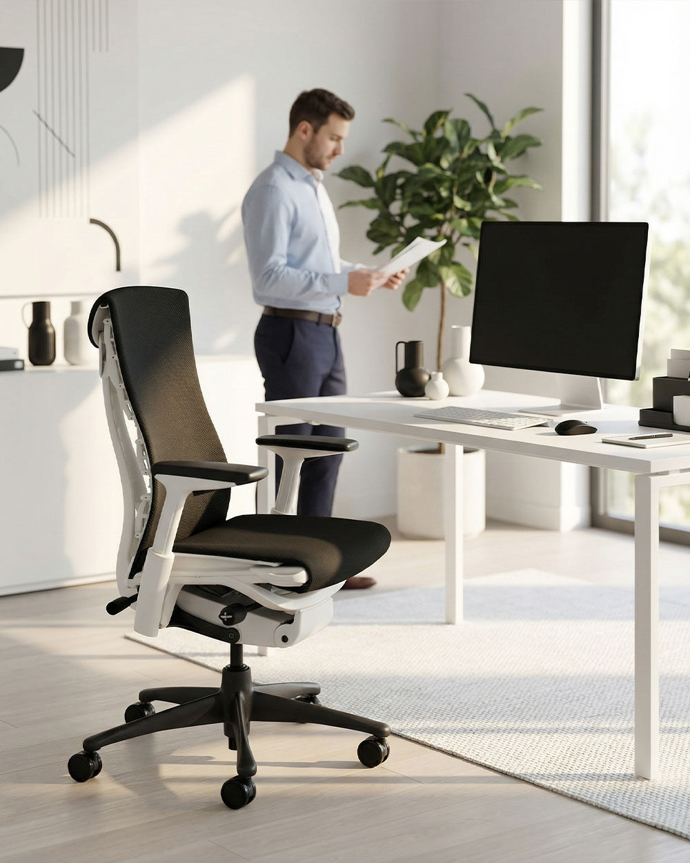 Moderner ergonomischer Bürostuhl in stilvollem Büro mit stehender Person, die ein Dokument liest.