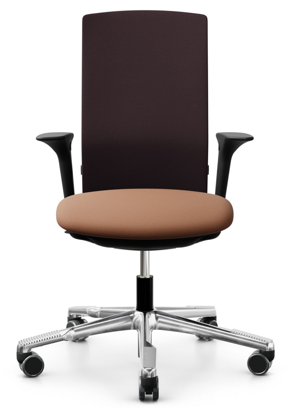 Ergonomischer Bürostuhl mit schwarzer Rückenlehne, braunem Sitzpolster und verstellbaren Armlehnen auf Aluminiumgestell.