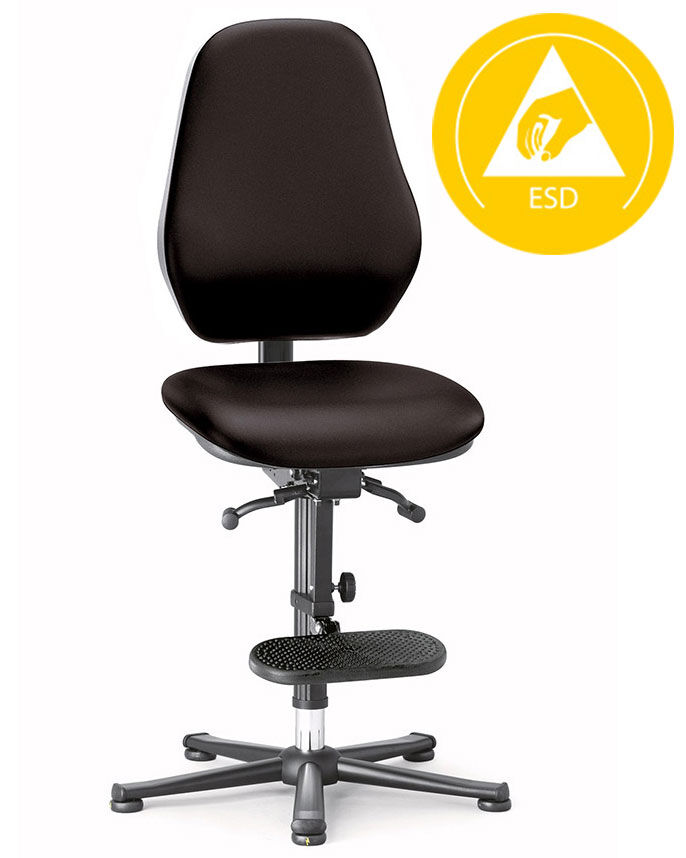 Ergonomischer Bürostuhl mit schwarzem Polster, höhenverstellbarer Fußstütze und gelbem ESD-Symbol für statische Entladung.