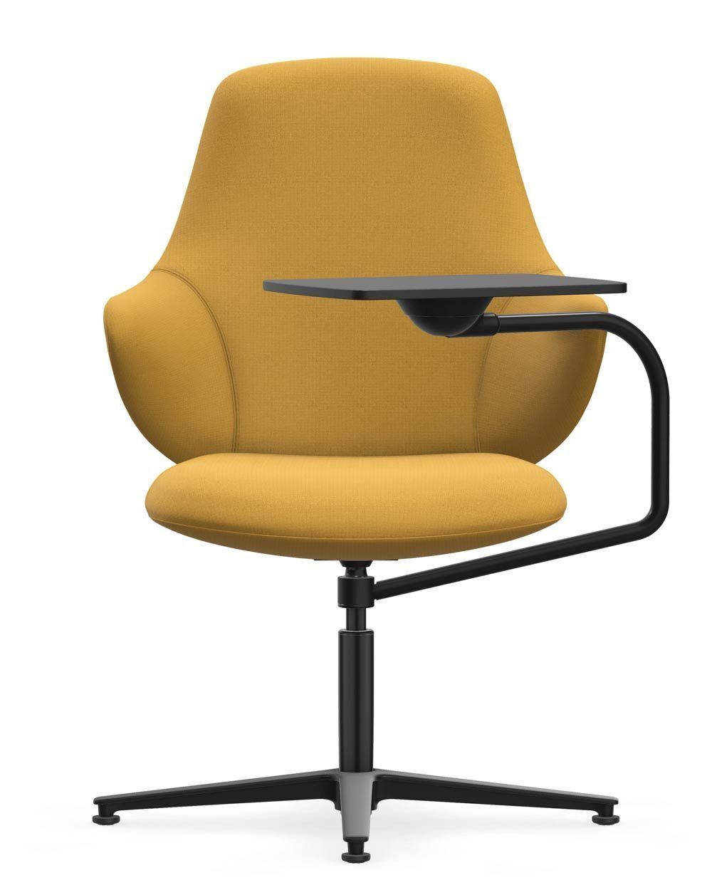 Gelber ergonomischer Bürostuhl mit integriertem drehbarem Tisch, ideal für dynamisches Sitzen und produktives Arbeiten.