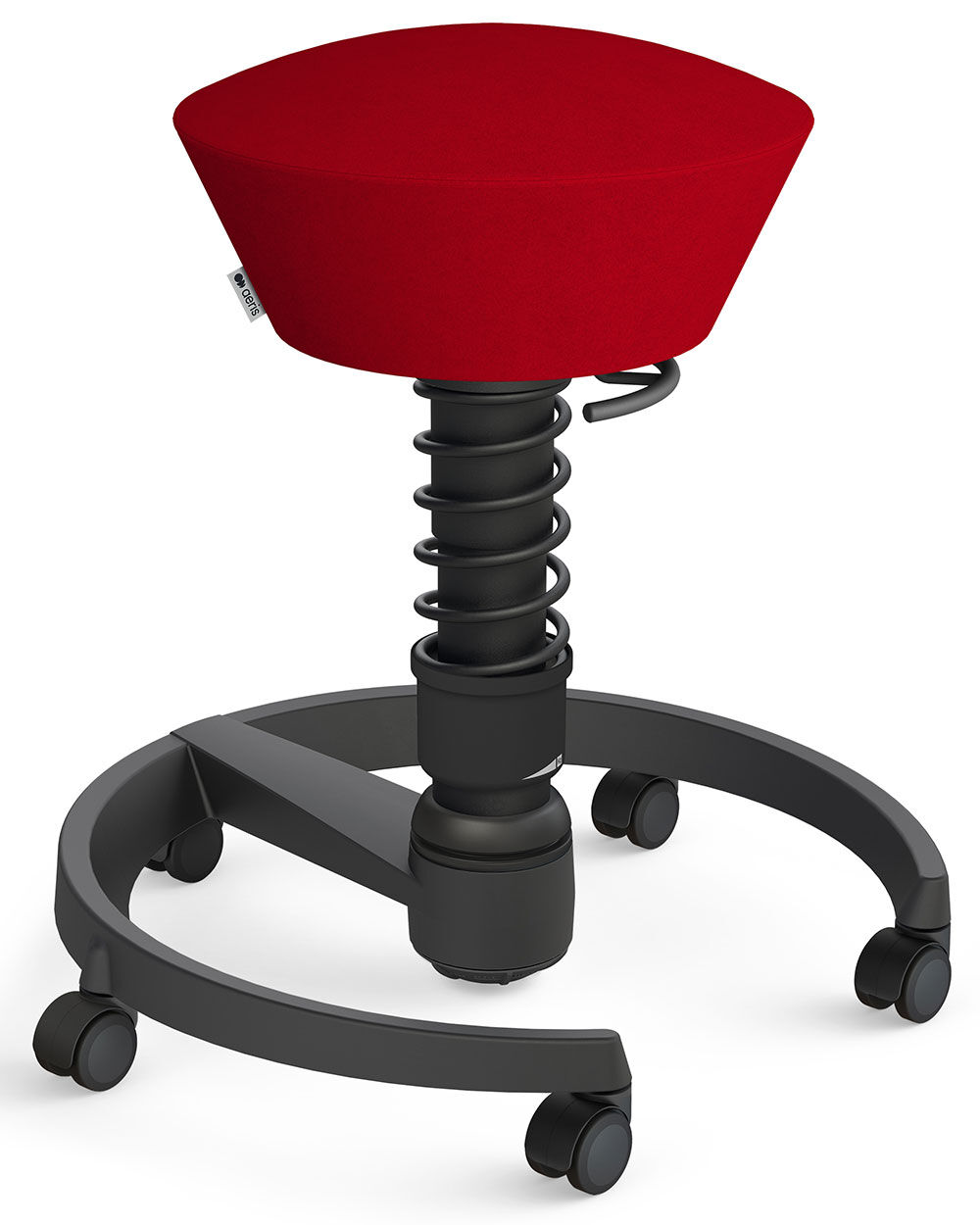 Ergonomischer Hocker mit rotem Sitzpolster und schwarzem, höhenverstellbarem Federmechanismus auf Rollfüßen.