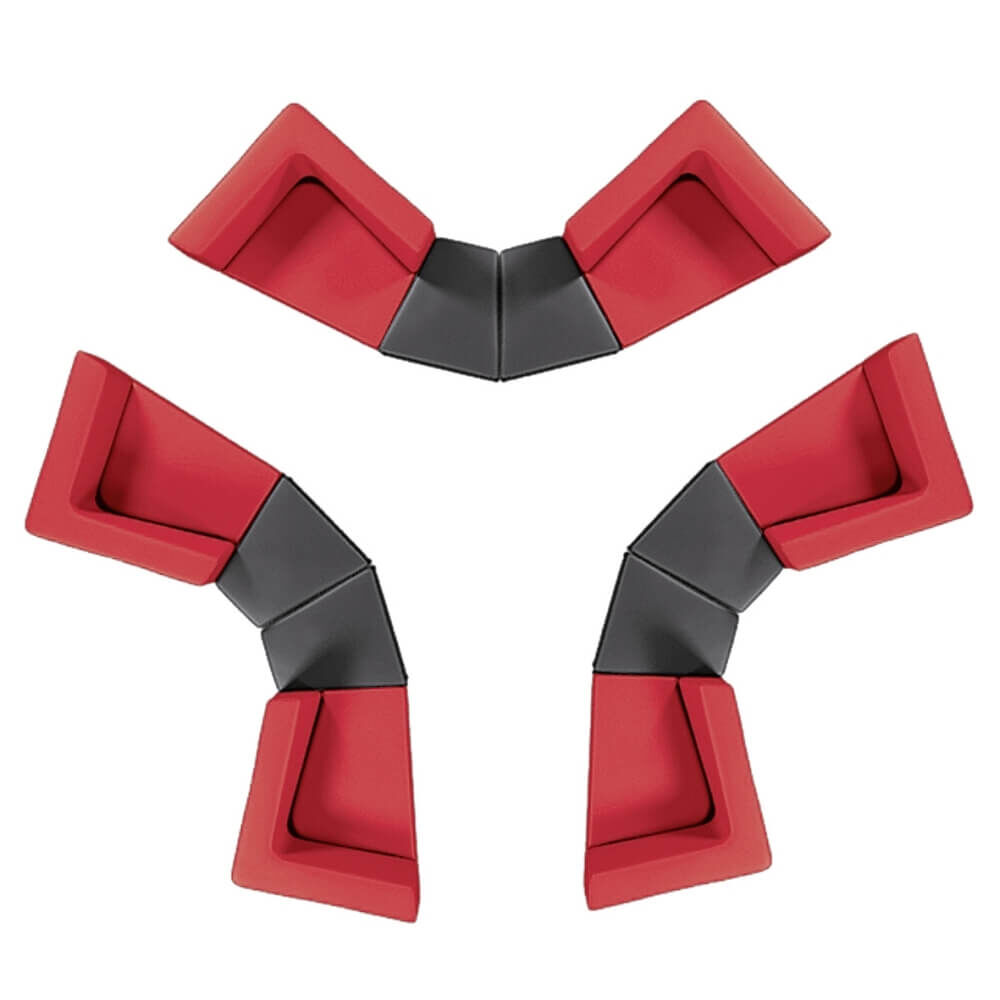 Ergonomische, rot-schwarze Stützelemente in Form von Puzzleteilen, die Flexibilität und dynamisches Sitzen fördern.
