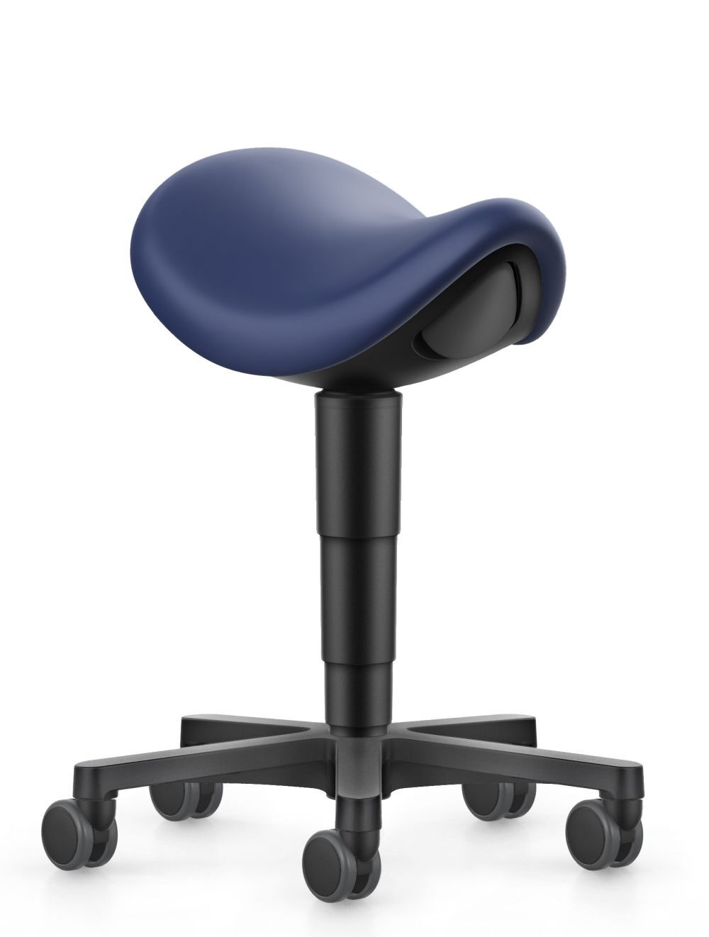 Moderner ergonomischer Hocker mit blauem Sattelsitz und schwarzen Rollen für dynamisches Sitzen.