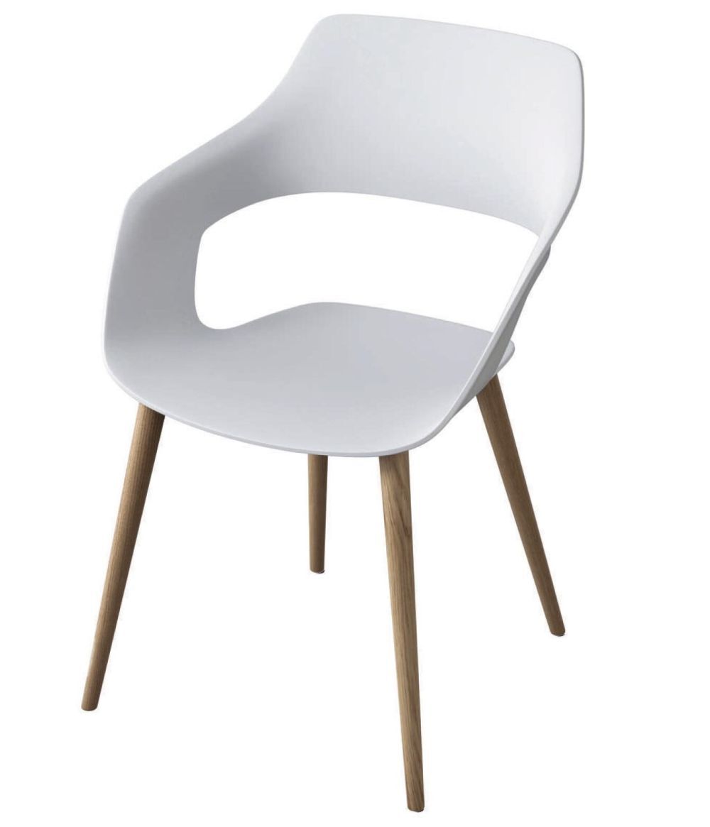 Moderner weißer Stuhl mit geschwungener Rückenlehne und Holzbeinen, ideal für ergonomisches Sitzen.