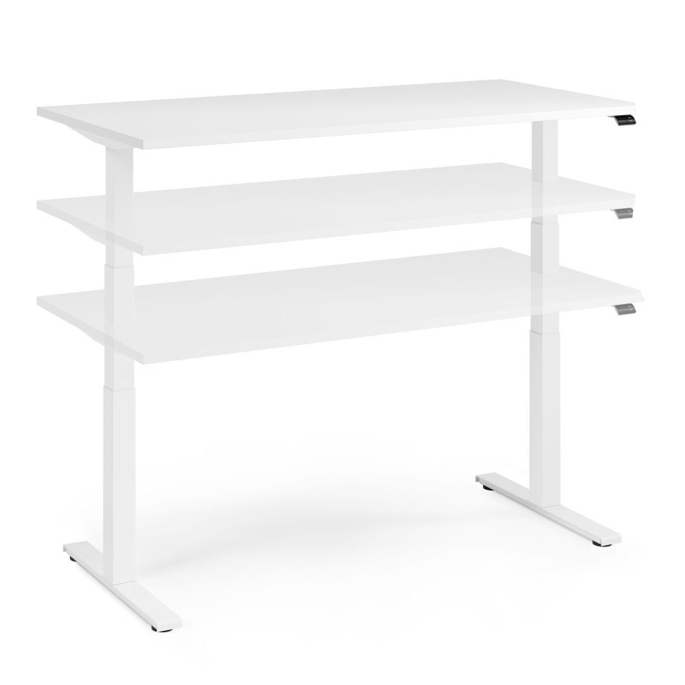Höhenverstellbarer weißer Schreibtisch mit drei Ebenen, ideal für ergonomisches Arbeiten im Büro oder Zuhause.