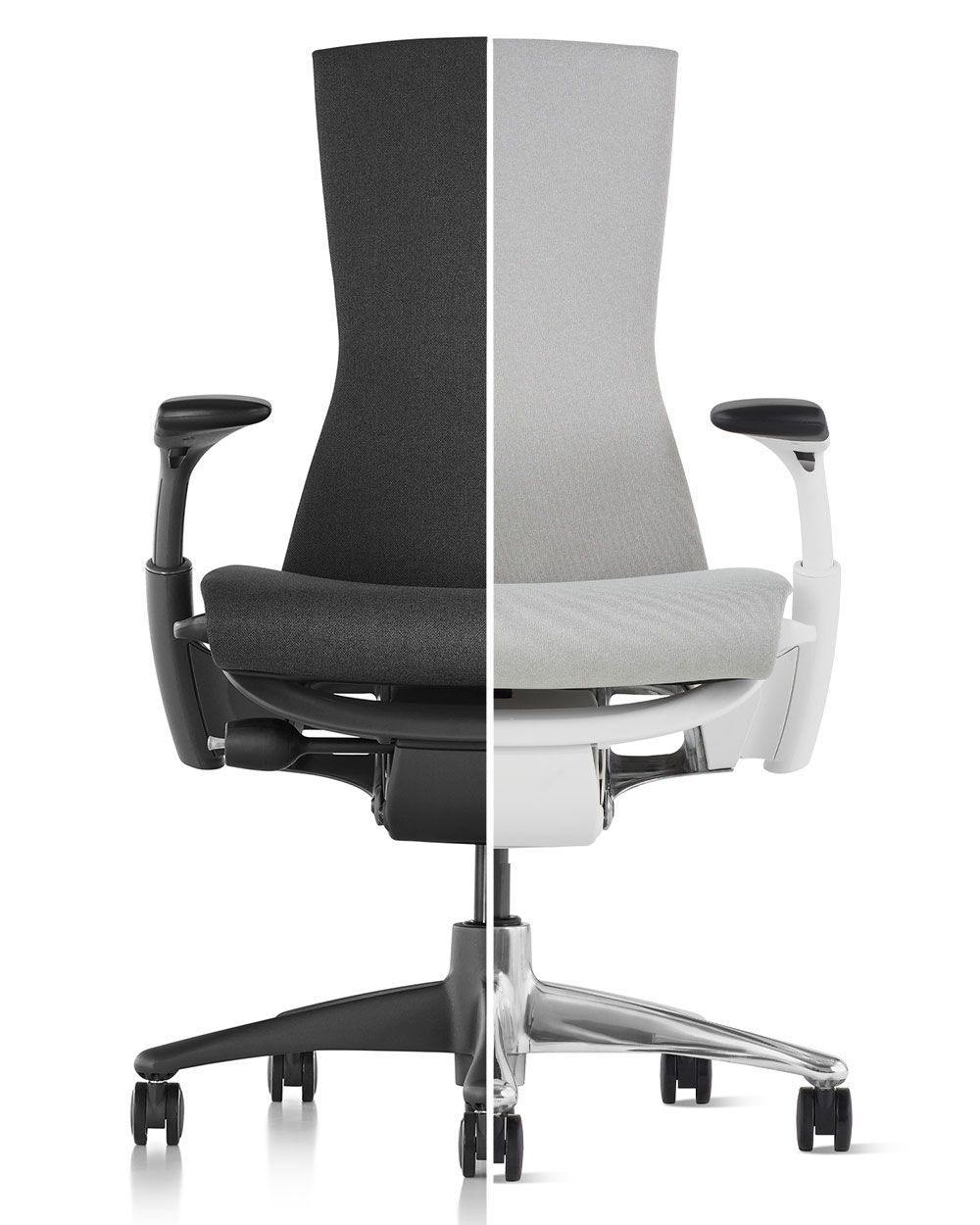 Ergonomischer Bürostuhl mit zweifarbiger Polsterung, schwarz links und grau rechts, zeigt modernes Design.