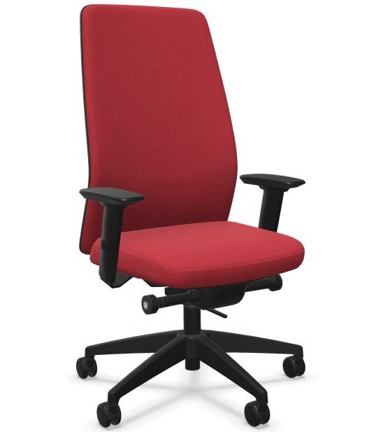 Ergonomischer Bürostuhl in Rot mit verstellbaren Armlehnen und Rollen für dynamisches Sitzen.