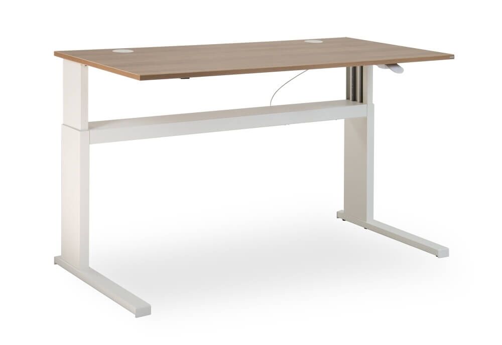 Höhenverstellbarer Schreibtisch mit weißem Gestell und Holzoberfläche für ergonomisches Arbeiten im Büro.