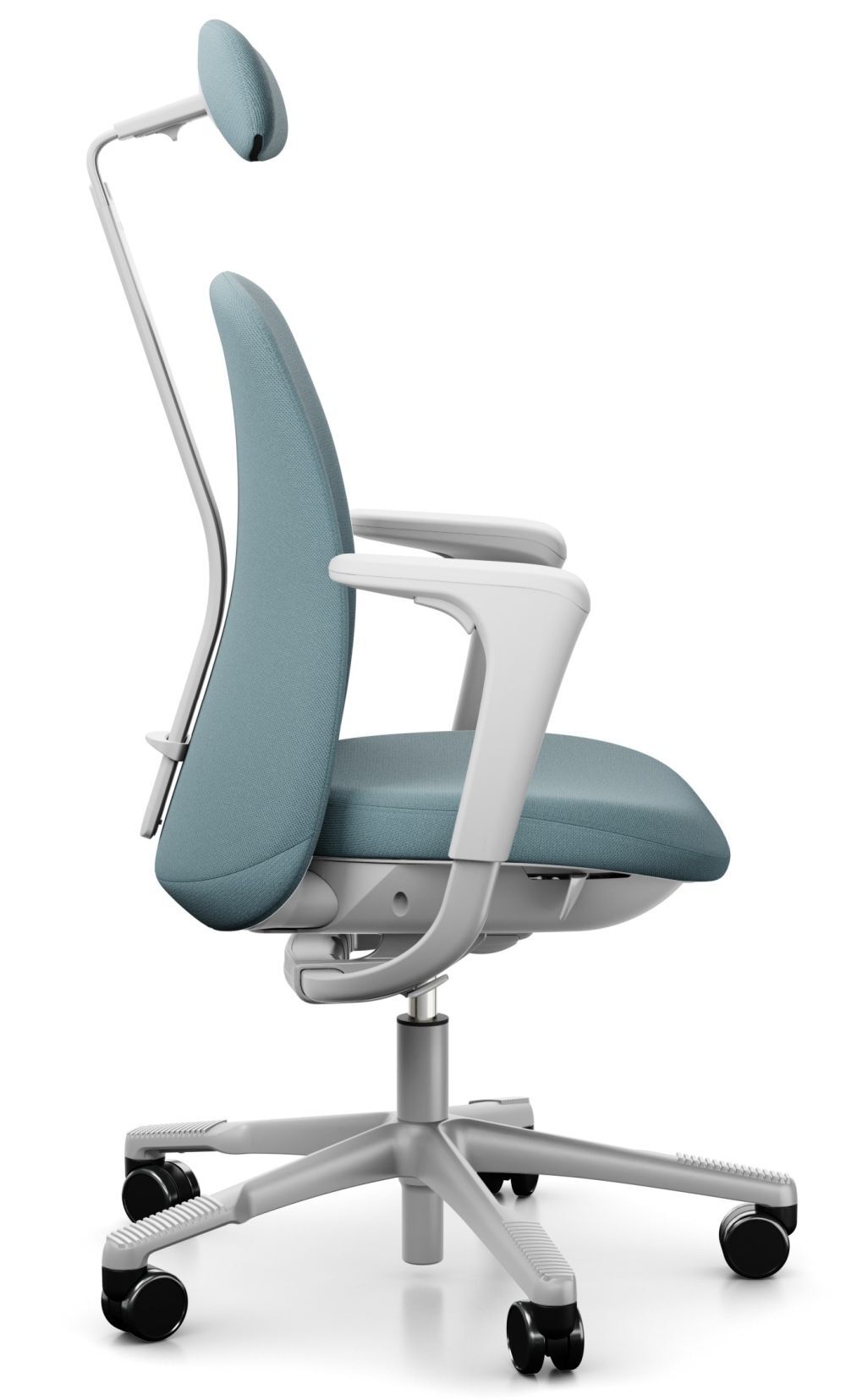 Ergonomischer Bürostuhl mit Kopfstütze und Rollen, seitliche Ansicht, gepolstert in Blau, graue Armlehnen und Fußkreuz.
