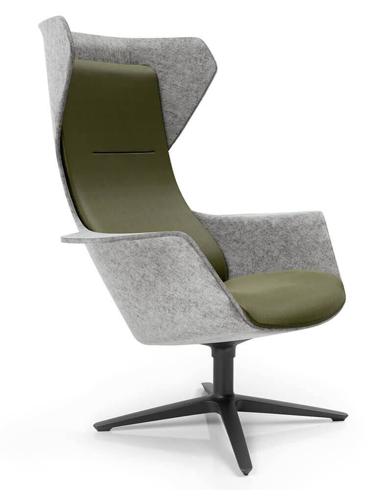 Ergonomischer Bürostuhl mit hoher Rückenlehne, grauem Wollstoff, olivgrünem Sitz, und drehbarem schwarzem Fuß.