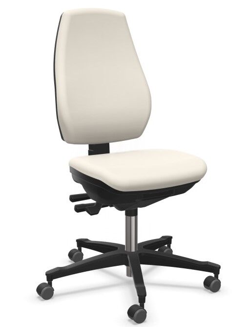 Ergonomischer Bürostuhl mit verstellbarer Lehne, hellem Bezug, schwarzem Gestell und Rollen für flexibles Sitzen.