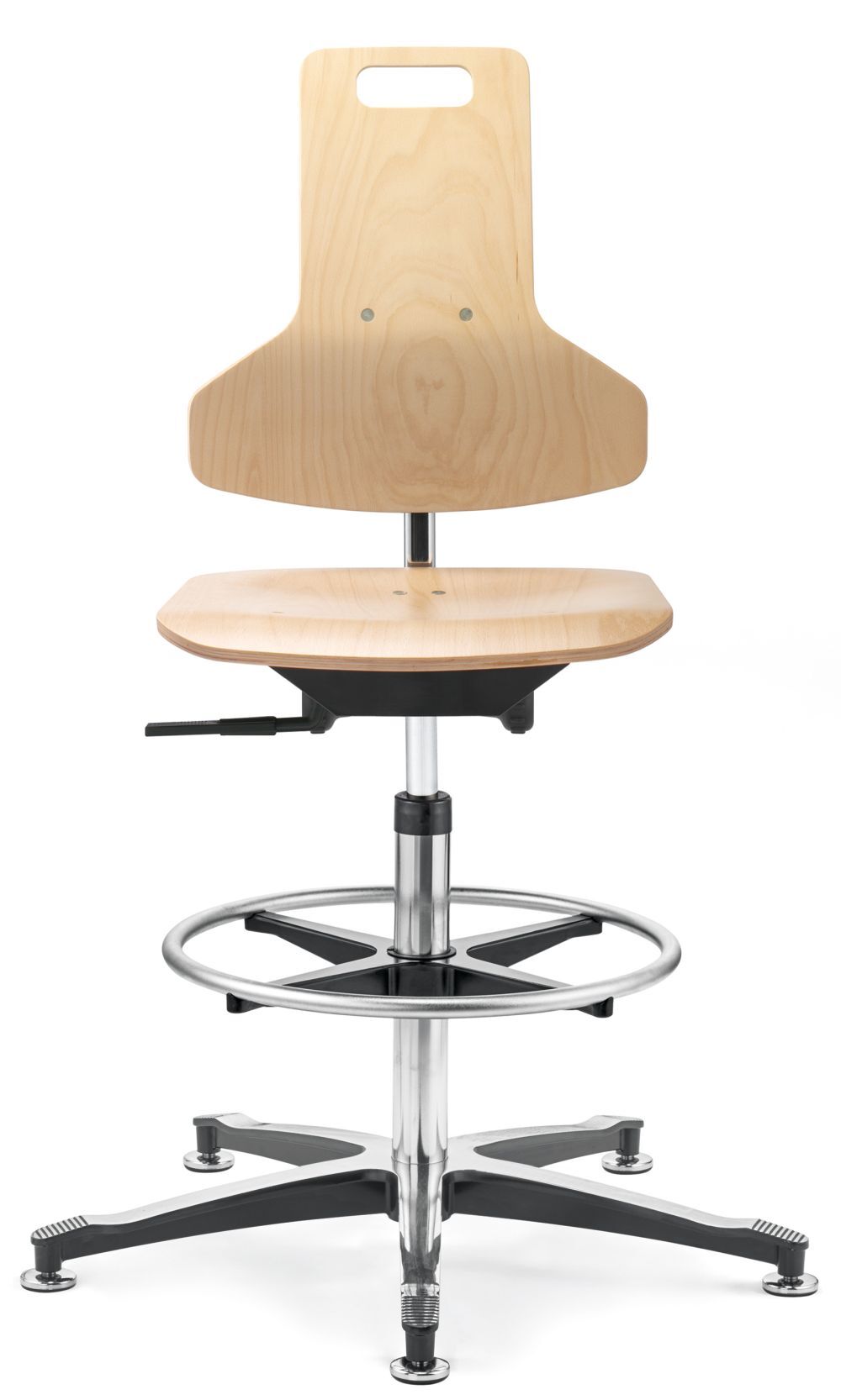 Ergonomischer Holzstuhl mit verstellbarem Sitz und Fußring, auf fünfstrahligem Metallfuß für dynamisches Sitzen.