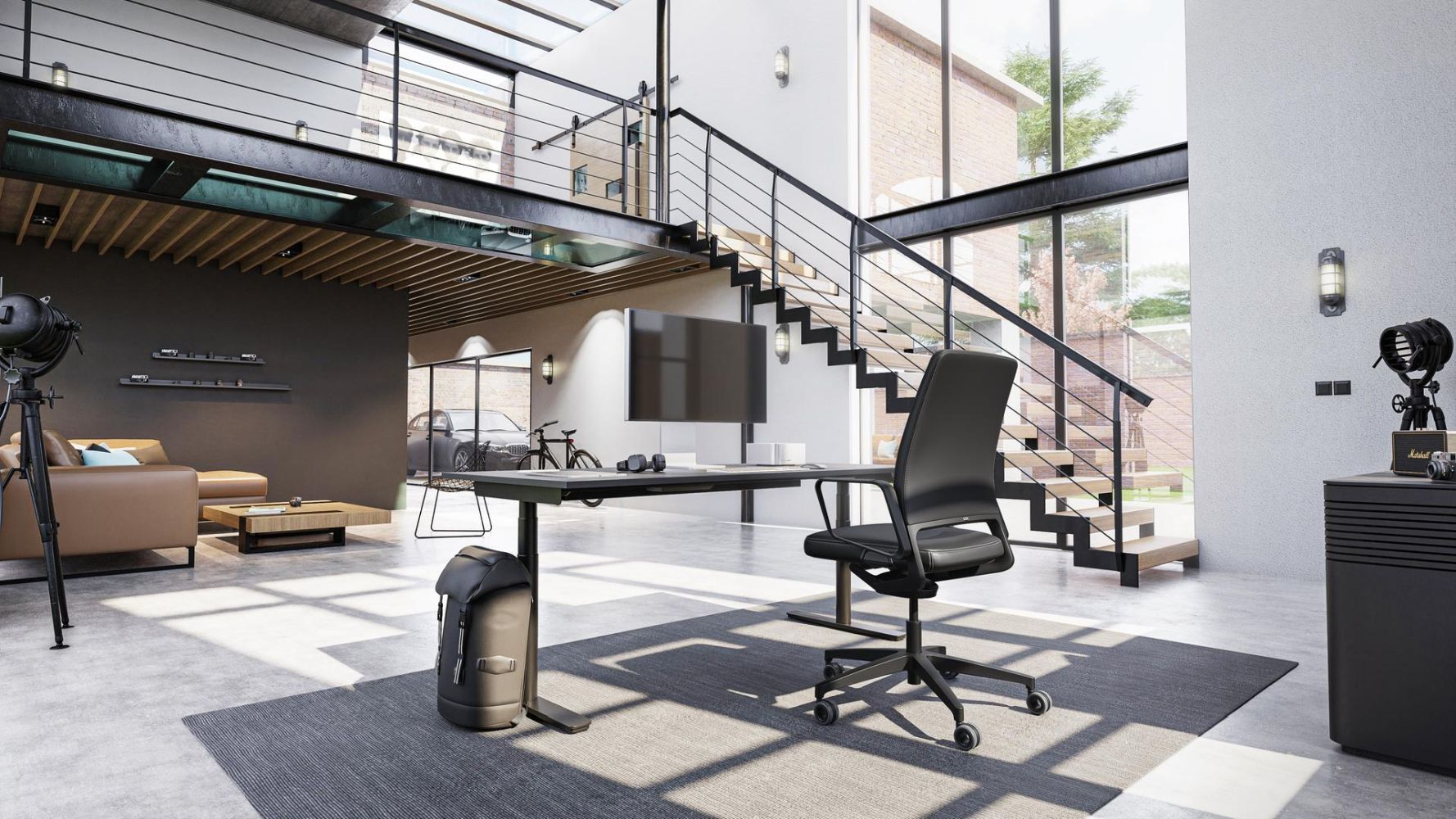 Modernes Loft mit ergonomischem Bürostuhl und Schreibtisch, viel Tageslicht und stilvoller Inneneinrichtung.
