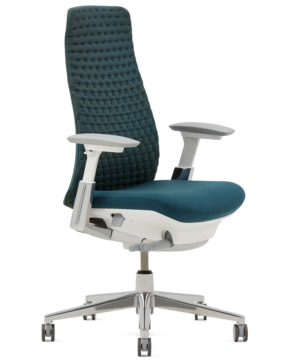 Ergonomischer Bürostuhl mit hoher, gepolsterter Rückenlehne und verstellbaren Armlehnen für dynamisches Sitzen.