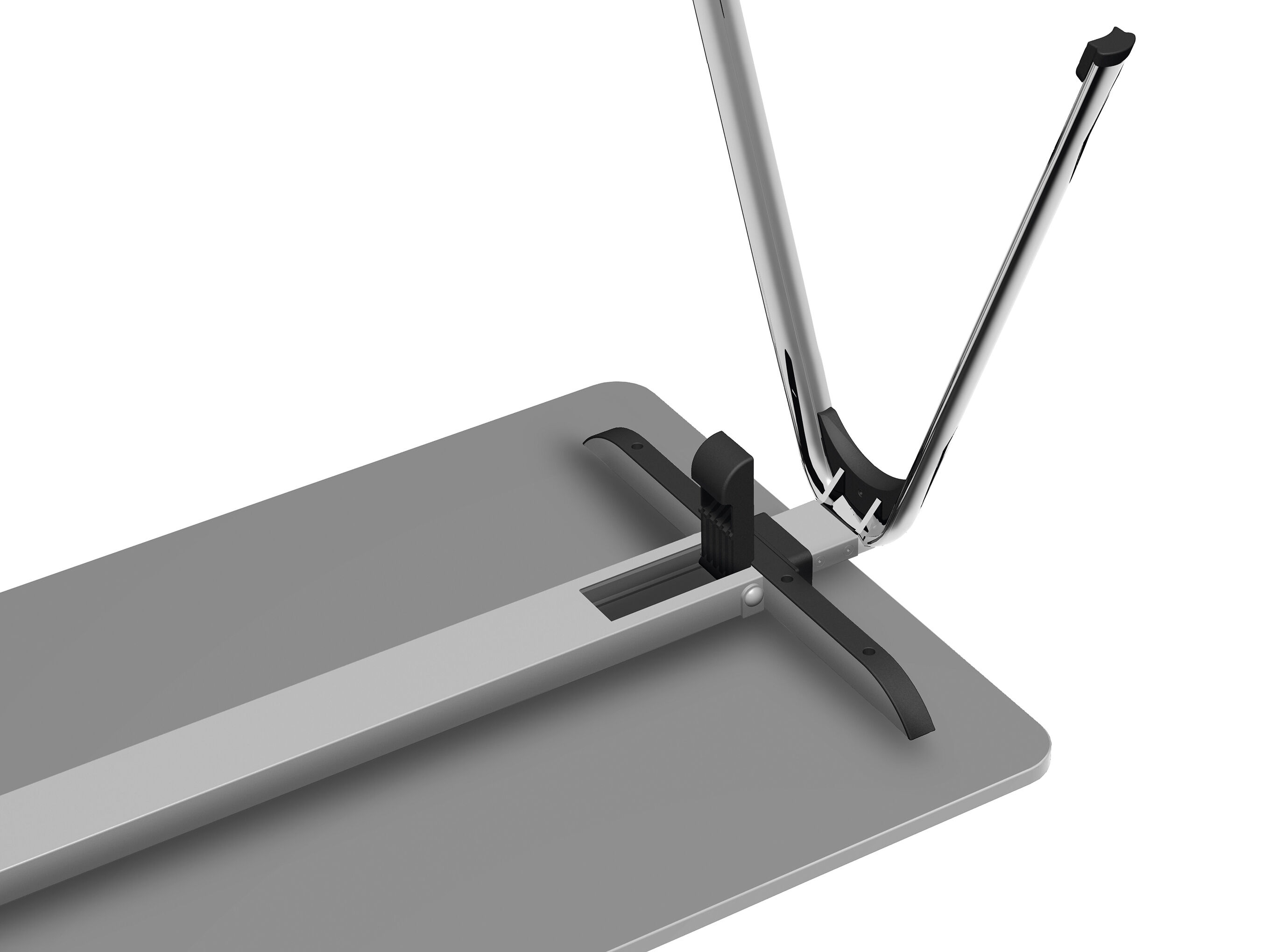 Nahaufnahme eines ergonomischen Stuhlmechanismus mit glänzendem Metallgestell, zeigt Details der Konstruktion.