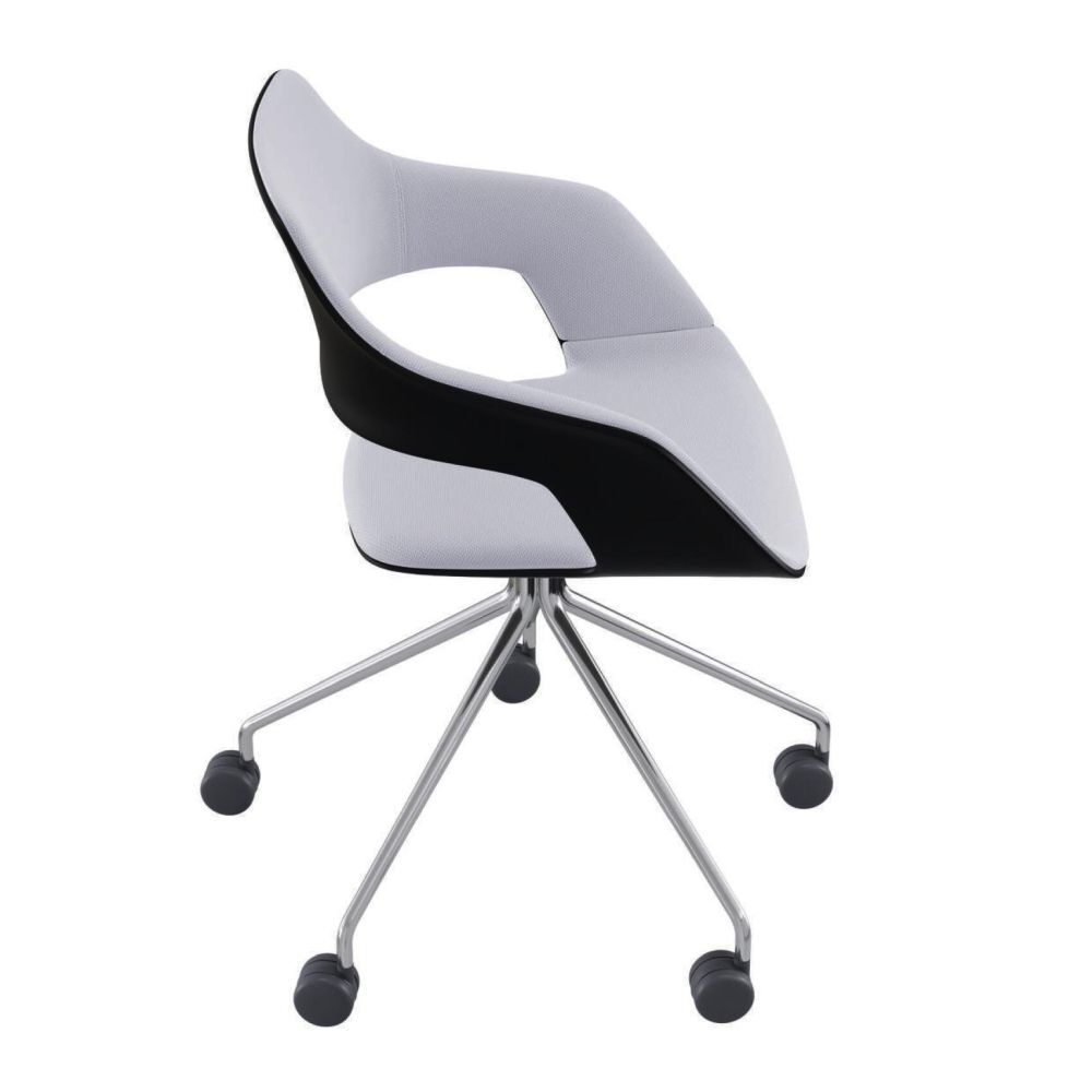 Moderner ergonomischer Drehstuhl mit grauer Polsterung und schwarzer Rückenlehne auf einem Metallgestell mit Rollen.